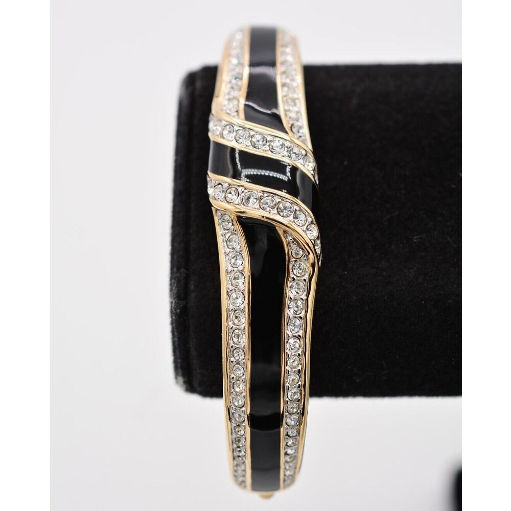 Swarovski Vintage Crystal Bangle Bracelet Pave Black Enamel Gold SAL Signed Bin8